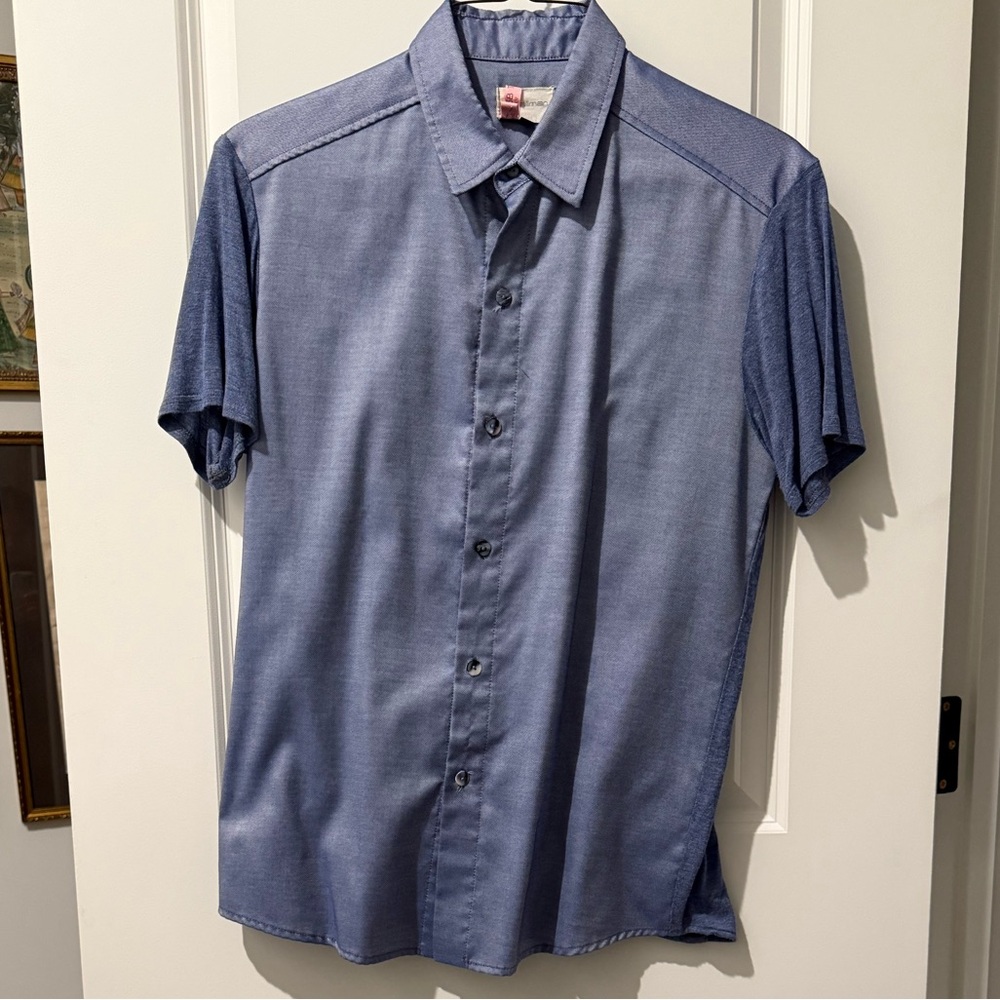 Bill Hallman Blue Trendy Mixed Material Short Sleeve Collared Button Down Shirt
